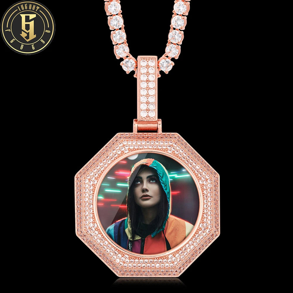 42mm Memory Jewelry Circle Picture Pendant Brass 5A Cubic Zirconia Octagon Custom Photo Pendant Necklace for Men