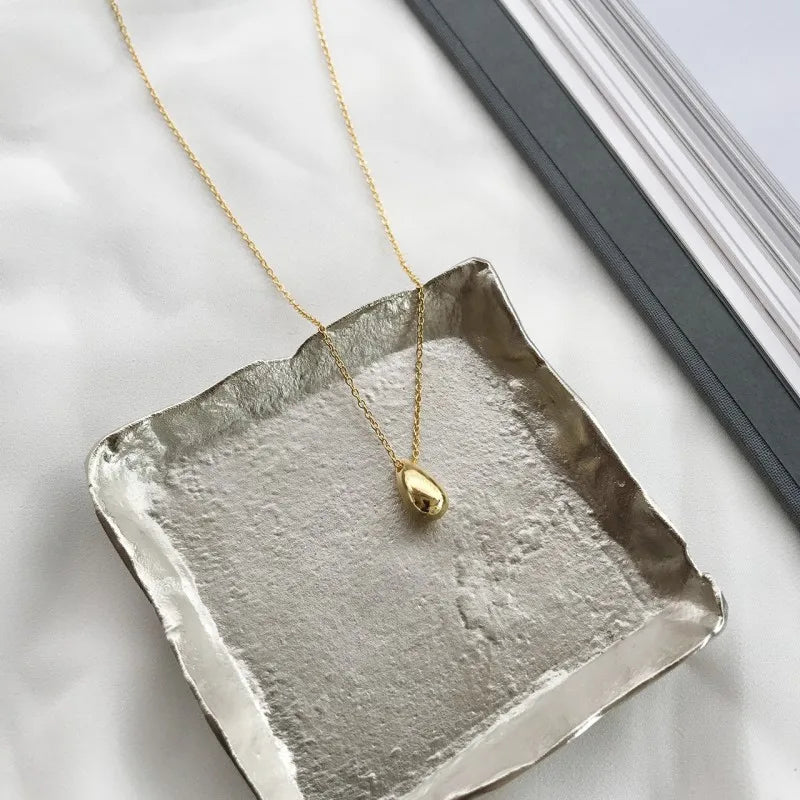 Simple Style 925 Sterling Silver Water Drop Pendant Necklace Droplet Shape Jewelry