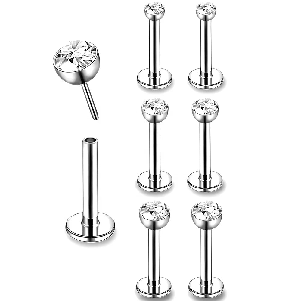 16G Implant Grade ASTM F136 Titanium Cubic Zircon Lip Stud Threadless Labret Ring Body Piercing Jewelry