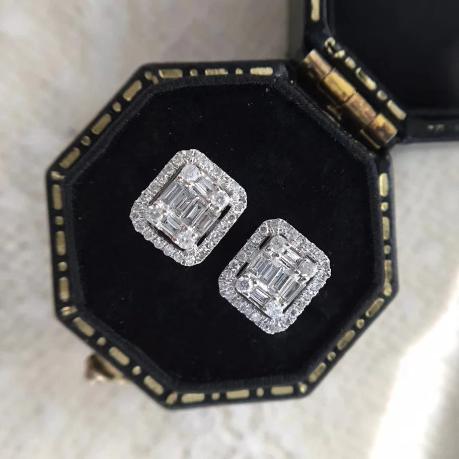 Huitan New Design Sliver Color Cubic Zircon Earrings Women Ladies Rectangle Shaped Stud Earrings for Wedding Engagement