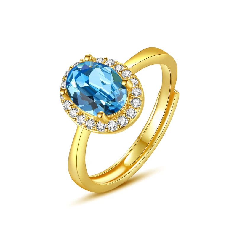 Classic 925 Silver Women Ring Blue Oval Zircon Stone Ring Halo Engagement Ring