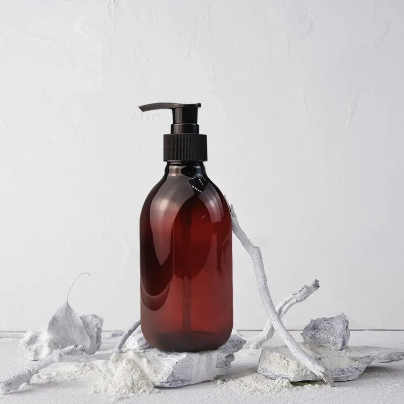 300ml Empty Round Amber Plastic PET Lotion Bottle With Press Pump Cap for Shampoo Shower Gel