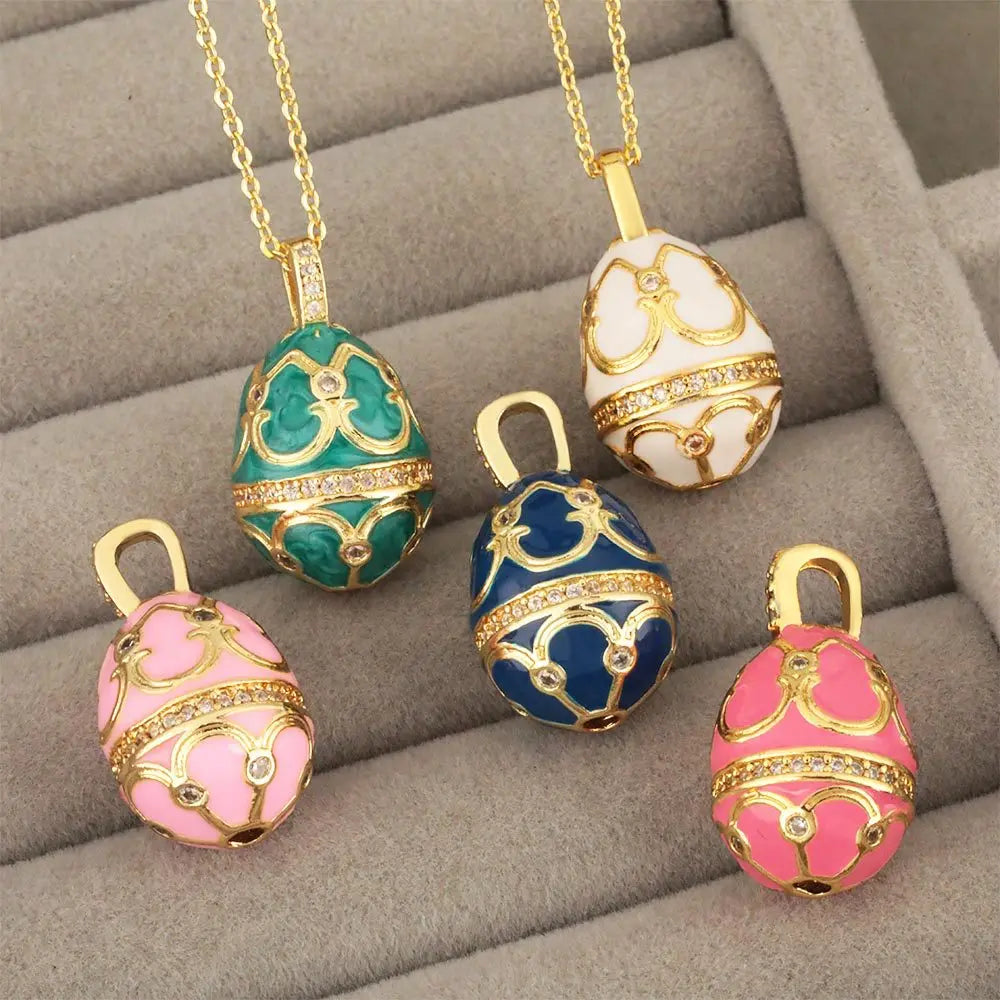 Wholesale Ladies 18K 24K Western Gold Plated Brass Necklaces Nickle Free Drop Shape Pattern Fine Chains Colorful Enamel Egg