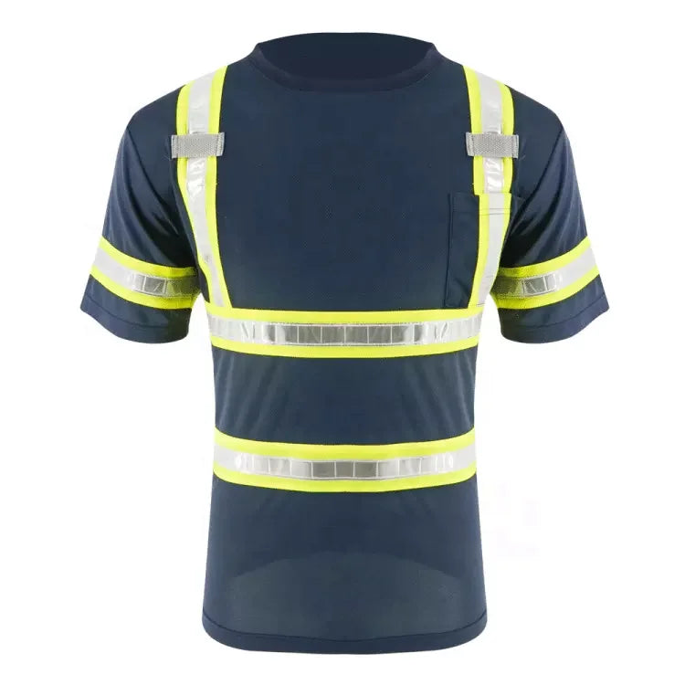 Pvc Reflective Safety Shirt Hi-Vis Short Sleeves Oem Odm Polyester Bird Eye Fabric Fluorescent Yellow Safety Reflective Shirt