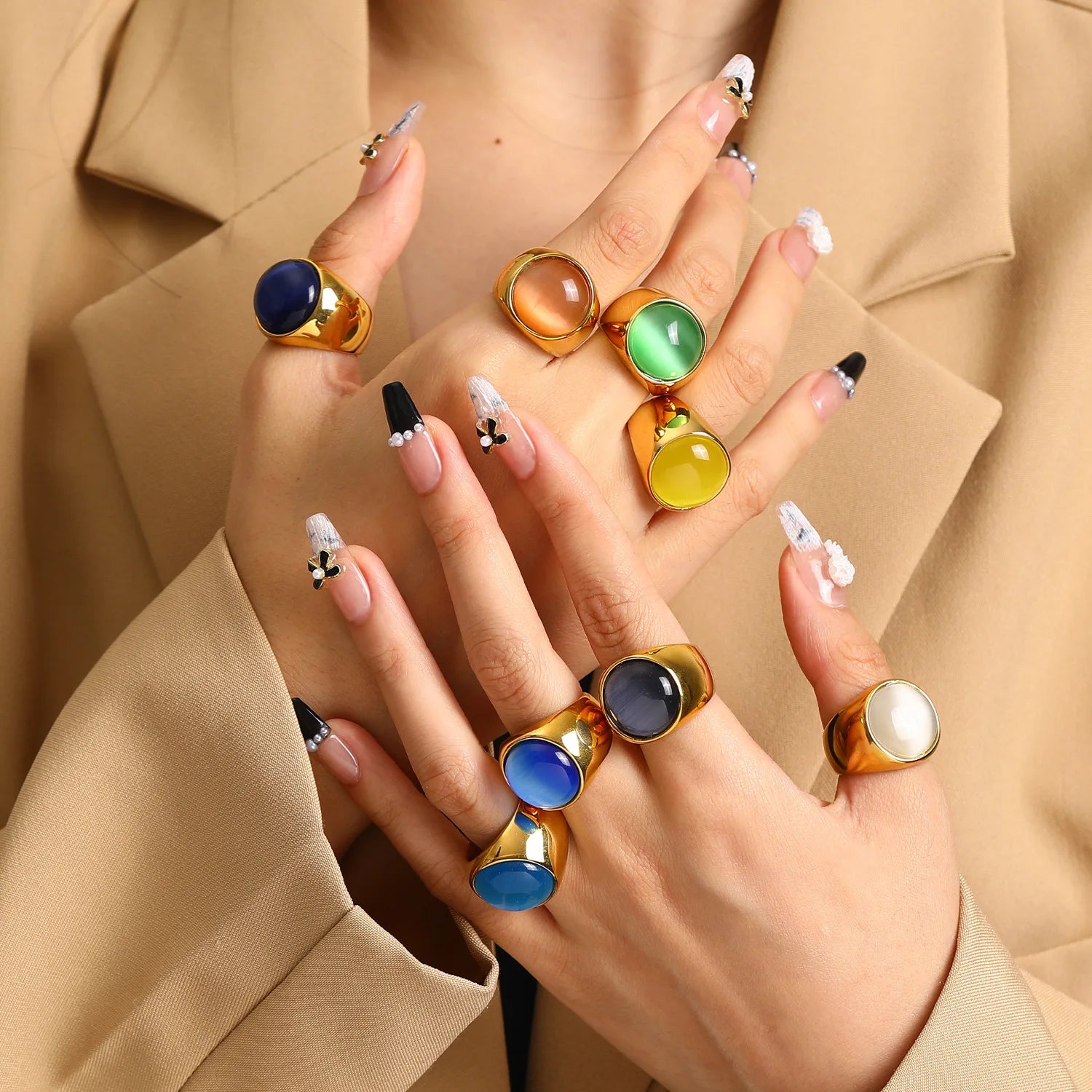 Nabest Stainless Steel Car Eyes Stone Ring Jewelry Women Waterproof PVD Plated Chunky Hip Top Finger Rings