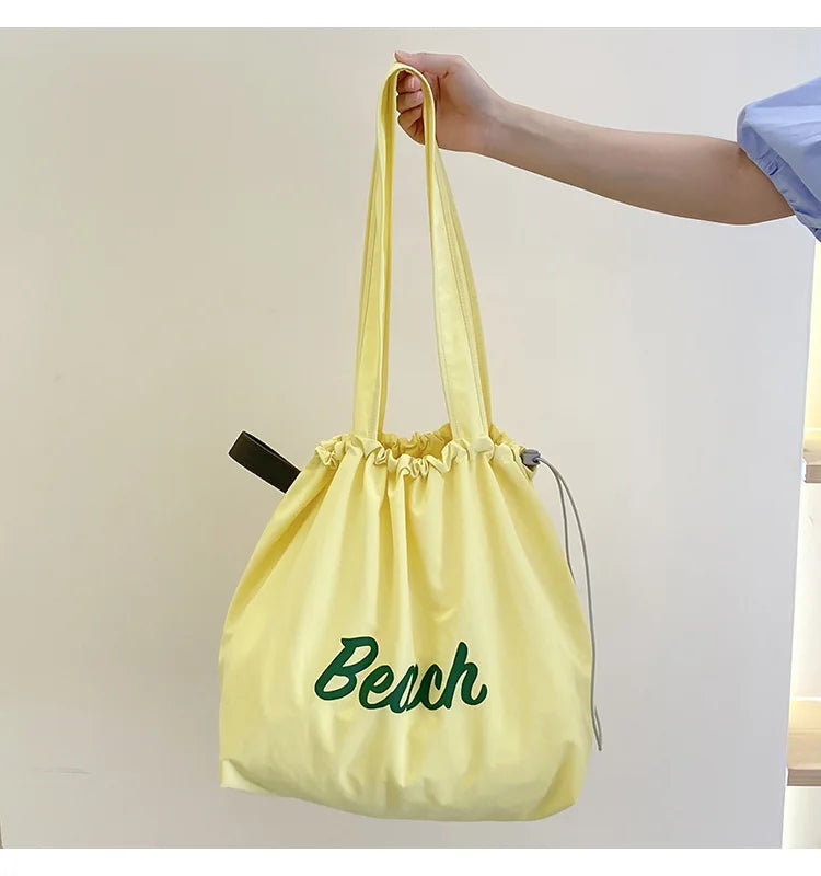 Wholesale Best Custom Recycled Cute Yellow Designer Waterproof Women's Woven Drawstring Canvas Beach Tote Bag