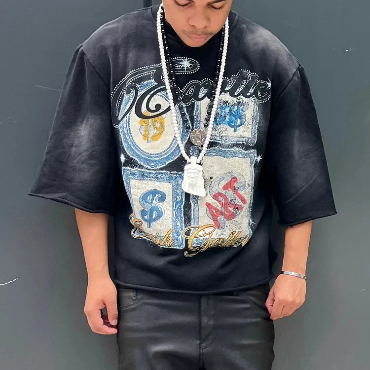Manufacturer OEM Heavyweight 300Gsm French Terry Acid Wash Rhinestone Drop Shoulder Cropped T Shirt Men