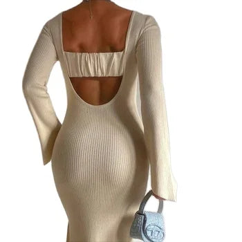 Elegant A-Line Beige White Ladies Casual Knitted Dress New Arrival Viscose Material for Autumn Natural Waistline