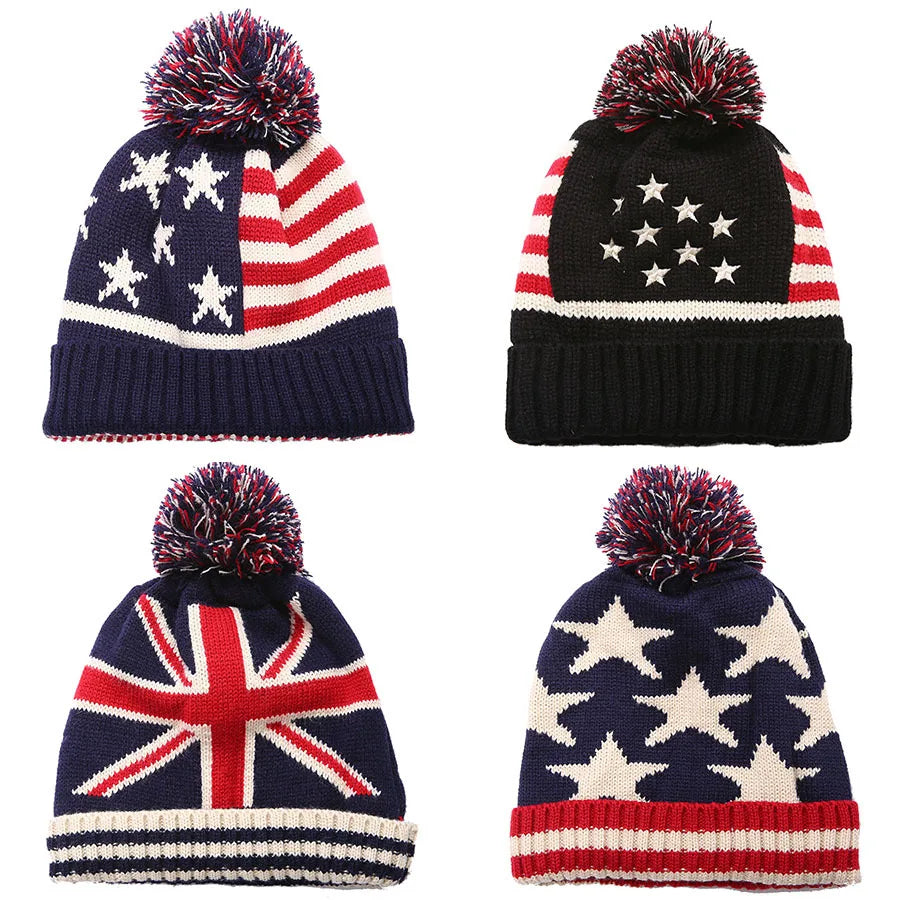 2026 Beanie Manufacturer Custom New Winter Intarsia Stripe Flag Wool Jacquard Knit Hats With Pom Pom Beanies Hat
