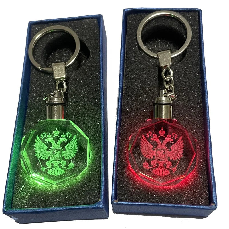 Russia With Eagle Flag Crystal Key Chain Custom Led Glass Keychains Russian Coat Arms Banner Keyrings with Two Brass Eyelets