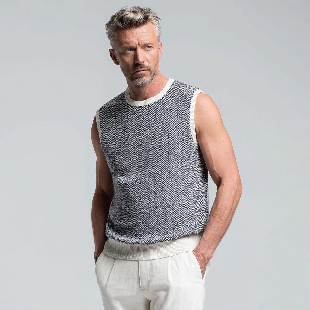 Men's Lightweight Herringbone Crew-Neck Sweater Vest Knitted Weaving Method for Spring