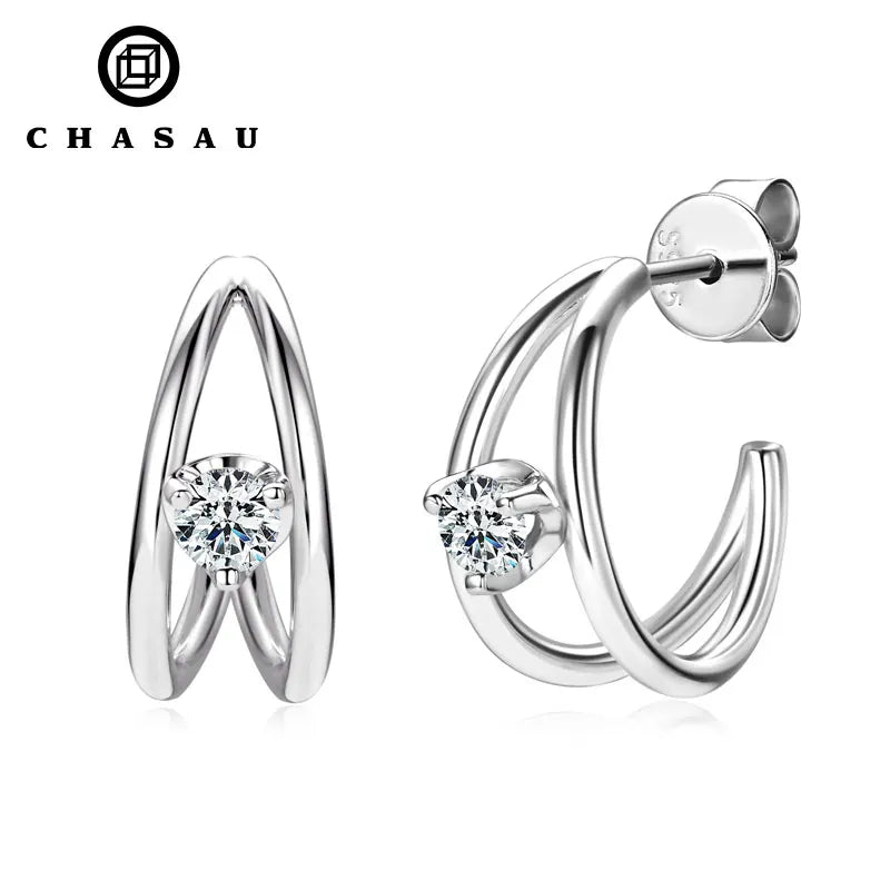 Lovers' Dainty 3.5mm 0.2ct Moissanite Earrings 925 Sterling Silver C-Shaped Stud for Women Wedding Jewelry Gift Bling