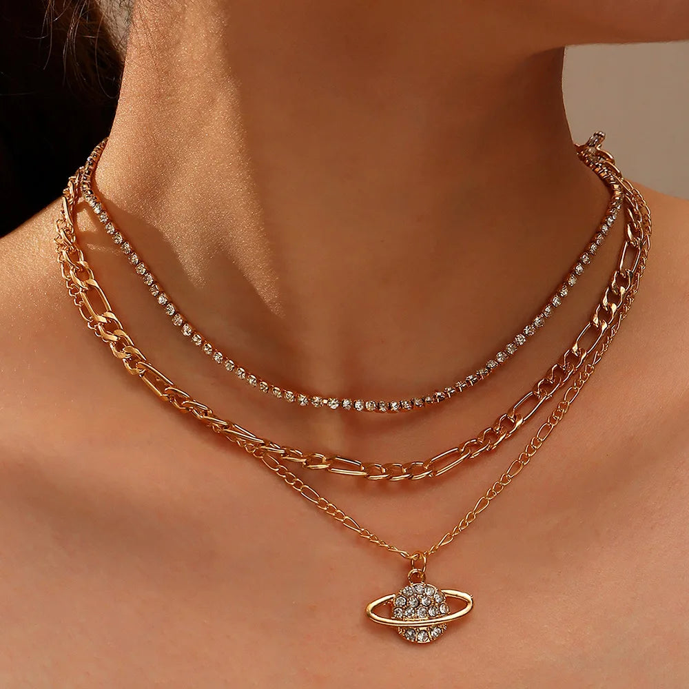 Zircon Planet Pendant Necklace Personalized Multi-layer Tennis Cuban Chain Rhinestones Saturn Necklace