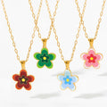 Vintage Multi Layer Red Enamel Floral Paperclip Chain Necklace No Fade Stainless Steel Flower Pendant Necklace Women