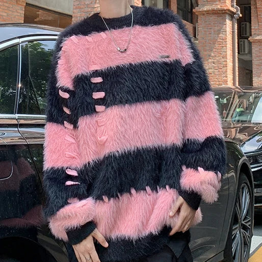 Custom Logo Mohair Personalized Vintage Men's Knitting  Sweaters Jacquard Pullover Knit Crew Neck Knitwear Jumper for Men