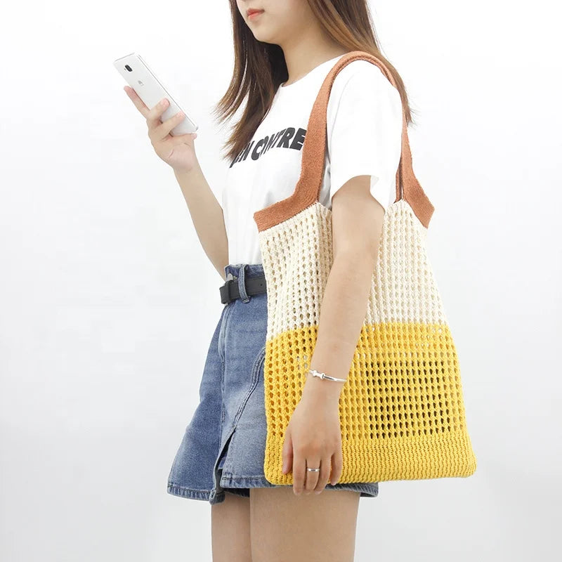 2023 Vintage Fashion Crochet Knitted Lady Handbag Two Straps Open Closure Mesh Beach Hobo Casual Shoulder Tote Portable Spring