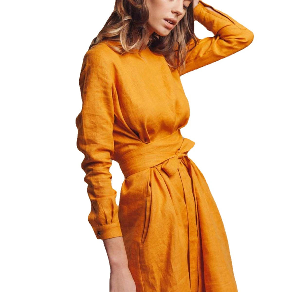 Wholesale New Design Women Clothing Dress Cotton Linen  Crew Neck Linen Dress With Belt Orange Casual Dress for Women