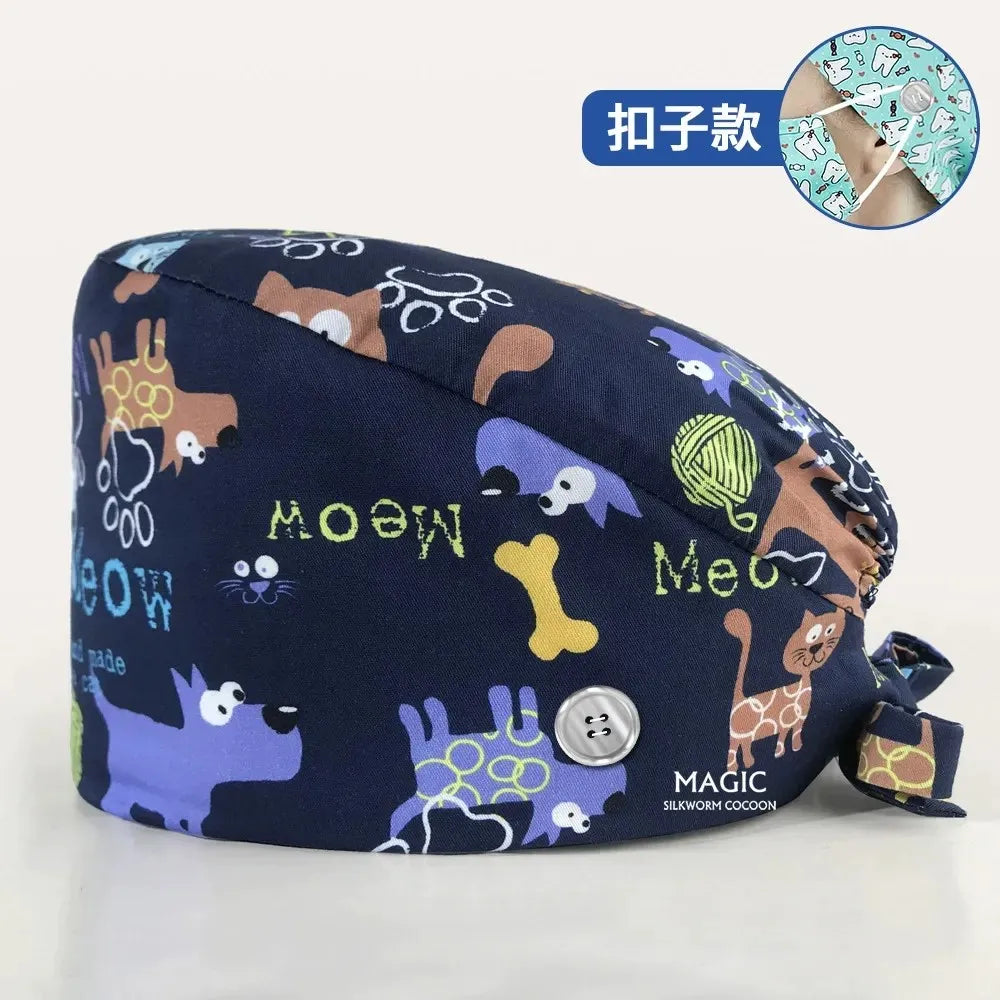 New Doctor Nurse Surgical Scrub Cap Print Button Hat Adjustable Work Hats Medical Uniform One Size for Women Men