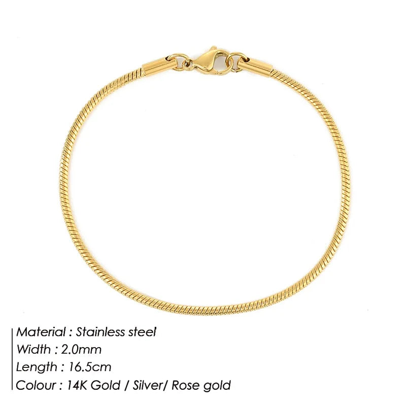 Simple PVD 14K Gold Plated 316L Stainless Steel Snake Chain Bracelet 2mm 1mm Wide 18cm 19cm Length Design for Women's Gift
