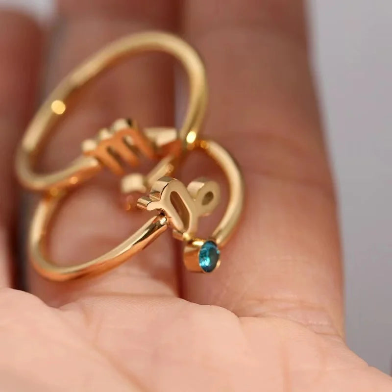 New Stainless Steel Zodiac Sign Rings Adjustable 12 Birthstone Open Ring 18K Real Gold Plate Virgo Leo Cancer Pisces Libra Aries