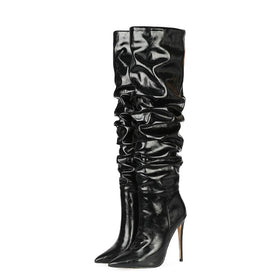 Hot Selling Stiletto High Heels Winter Women's Soft Black PU Leather Slouch Boots Pull-on Tube Thigh High Over-the-Knee Western