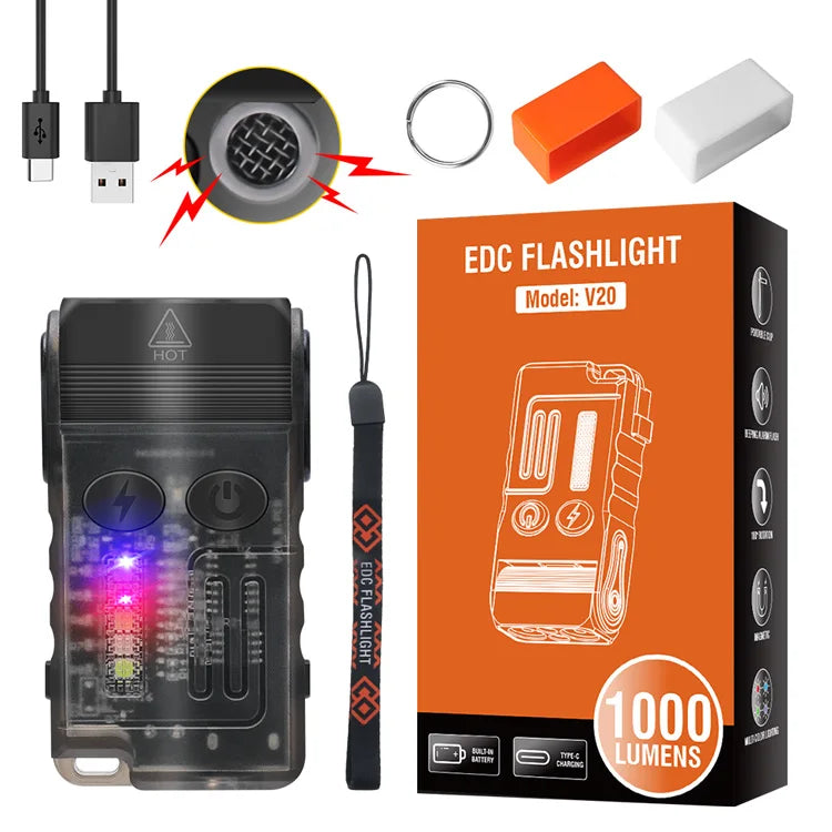 Boruit V20 High Power 1000 Lumens EDC Flashlight 180Rotation Mini Flashlight 13 Modes Multifunctional Flashlight With Beeping