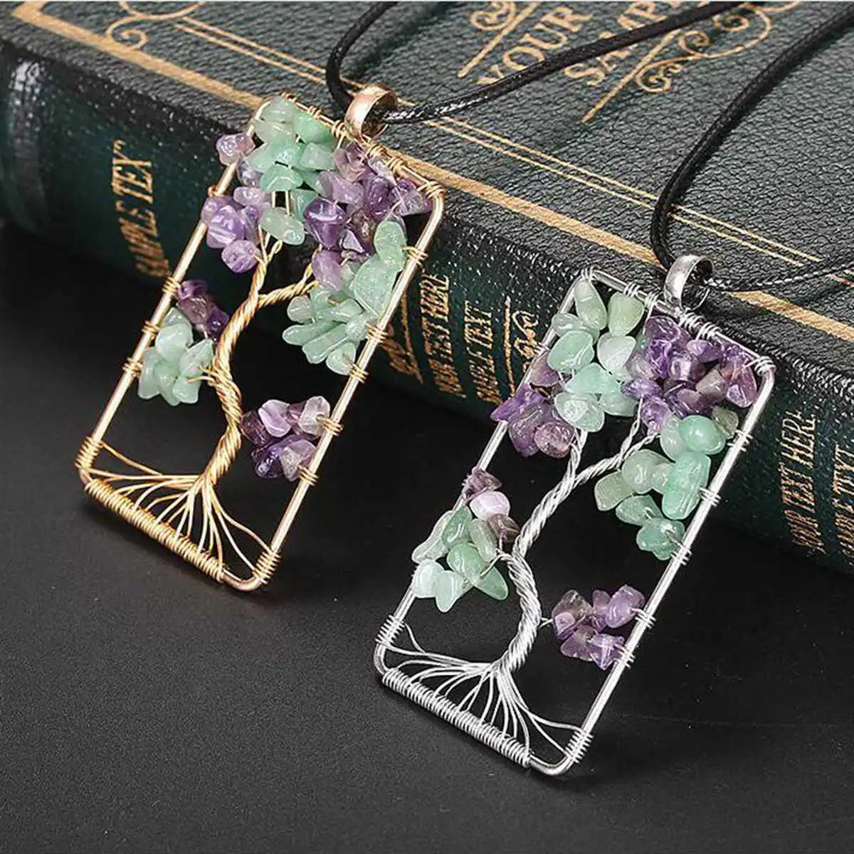 Handmade Rectangle Winding Tree of Life Pendant Necklace Amethyst+Green Aventurine Stones Chakra Jewelry for Women and Men