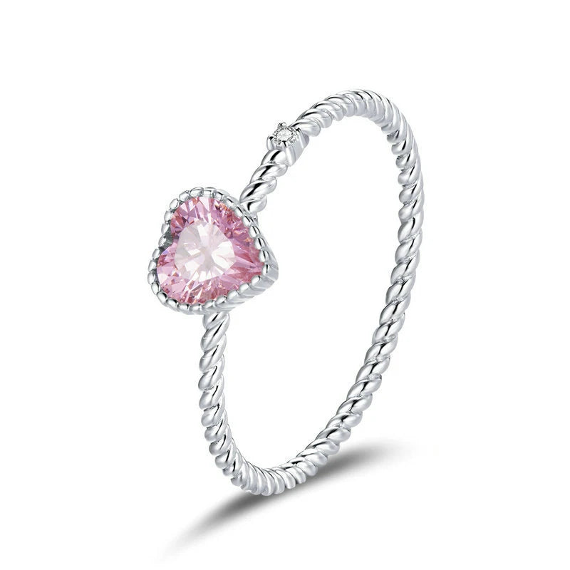 Mothers Day Gifts Pink CZ Stone Silver Heart Ring 925 Sterling Silver Rings Gift