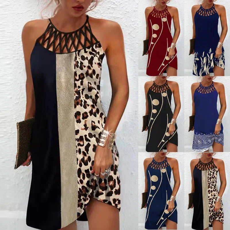Fashion Print Women Vestidos Summer Sleeveless Hollow Elegant Boho Party Shirt Sexy Dress Women Beach Mini Dress