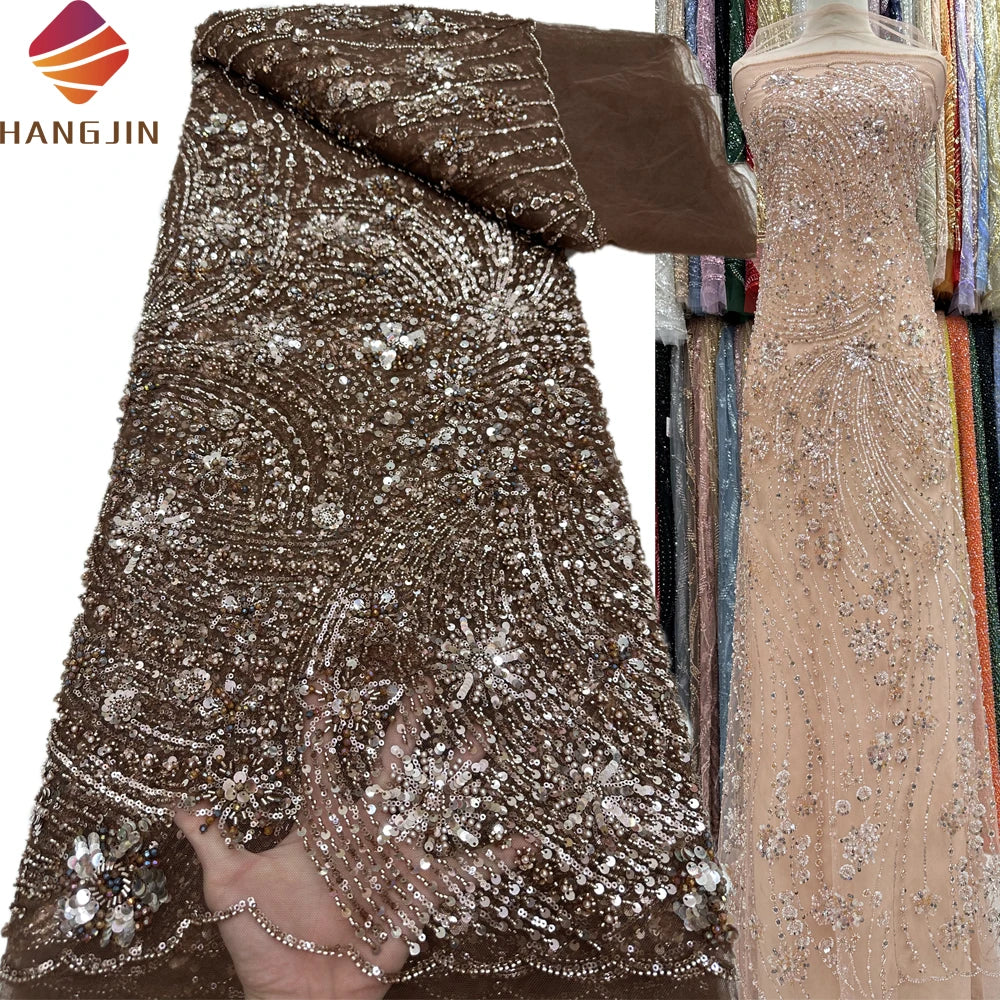 Latest Luxurious Beaded and Sequins Laces French Mesh Tulle Embroidery Handmade Beads Lace Fabric for Party