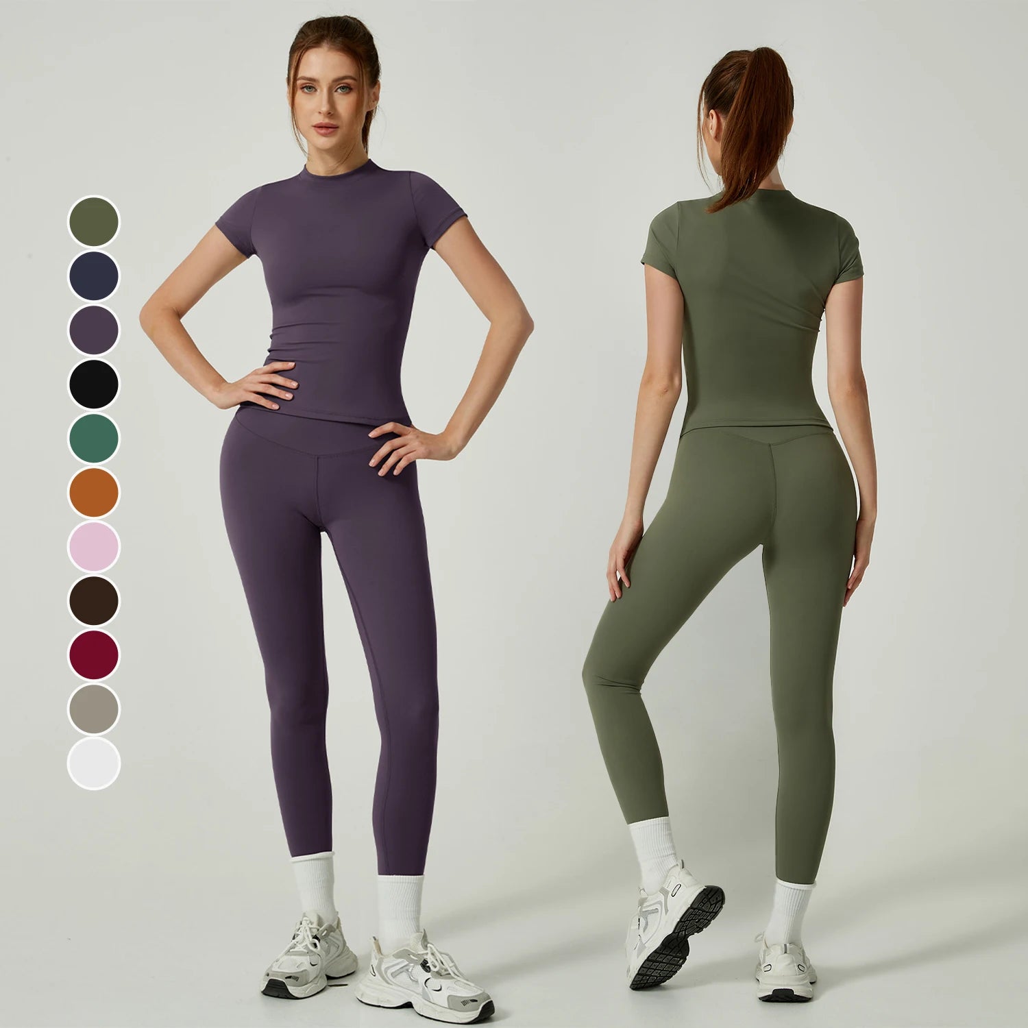 New Women Workout Suit Quick Drying Breathable Sports Short Sleeves High Waist Hip Lifting Yoga Pants Leggings Womens Gym Sets