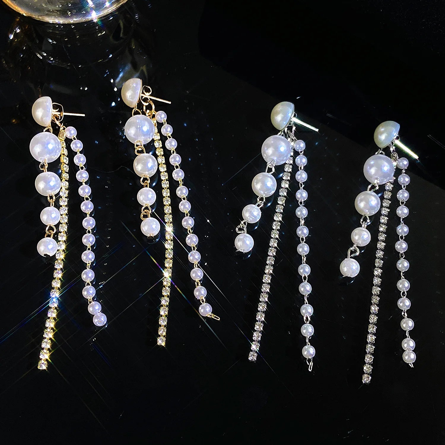 Fashion Pearl Tassel Earrings Long Crystal Bling Bling Stud Earrings for Women Elegant Party Jewelry Ear Accessory
