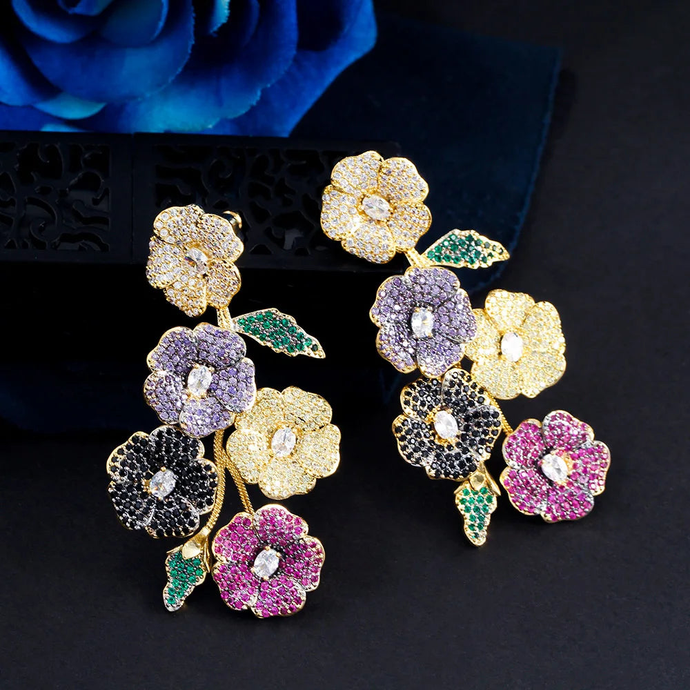 Korean Colorful Zirconia Micro Paved Flower Cluster Drop Dangling Party New Earrings Design Girls Jewelry for Women Wedding Prom
