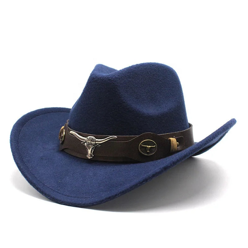 Metal Cattle Logo Western Cowboy Hat Roll Brim Men and Women Retro Riding Fedora Hat