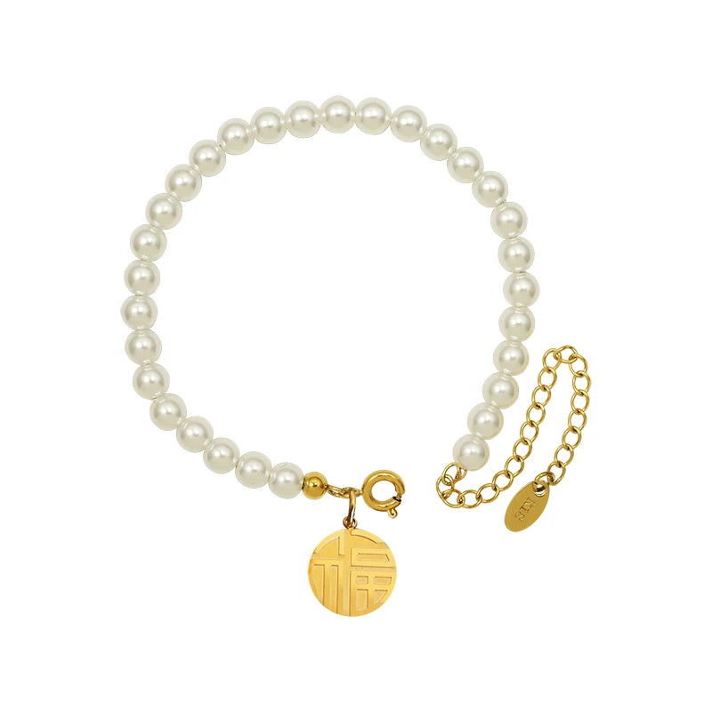 Chinese Style Round Brand Fu Character Imitation Pearl Bracelet Bestie Bracelet Female Bracelet Stainless Steel 18K Gold