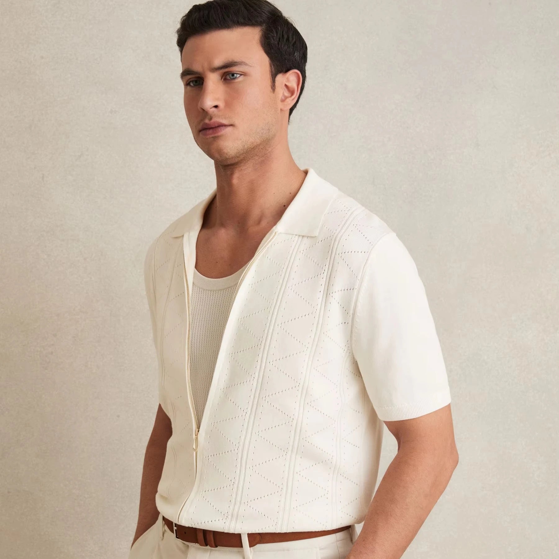 Custom Design Logo Short Sleeve Knitwear Casual  Oversize Cotton Crochet Polo T-shirt Summer Knitted Zip  Men's Shirts