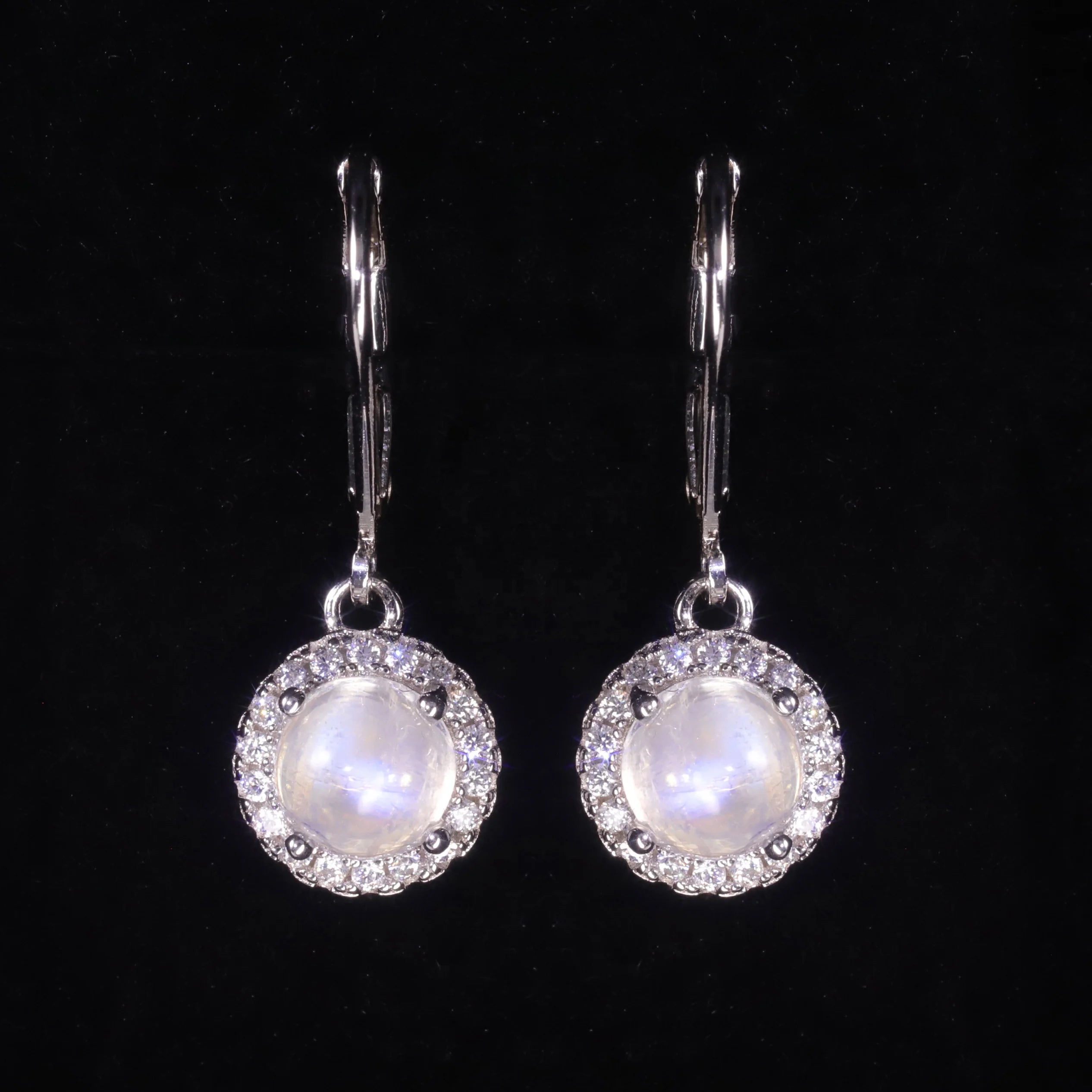 C4950 Abiding Elegant Dainty Round Shape 6MM Natural Rainbow Moonstone Halo 925 Silver Dangle Earrings