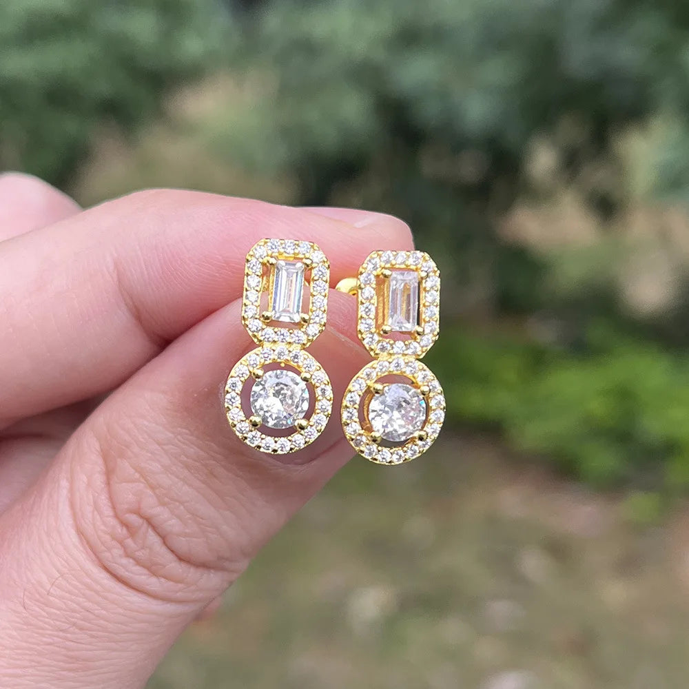 New Designer Engagement Wedding Piercing Stud Earrings for Women Dazzling Zircon Gold Color Drop Earing Fashion Jewelry