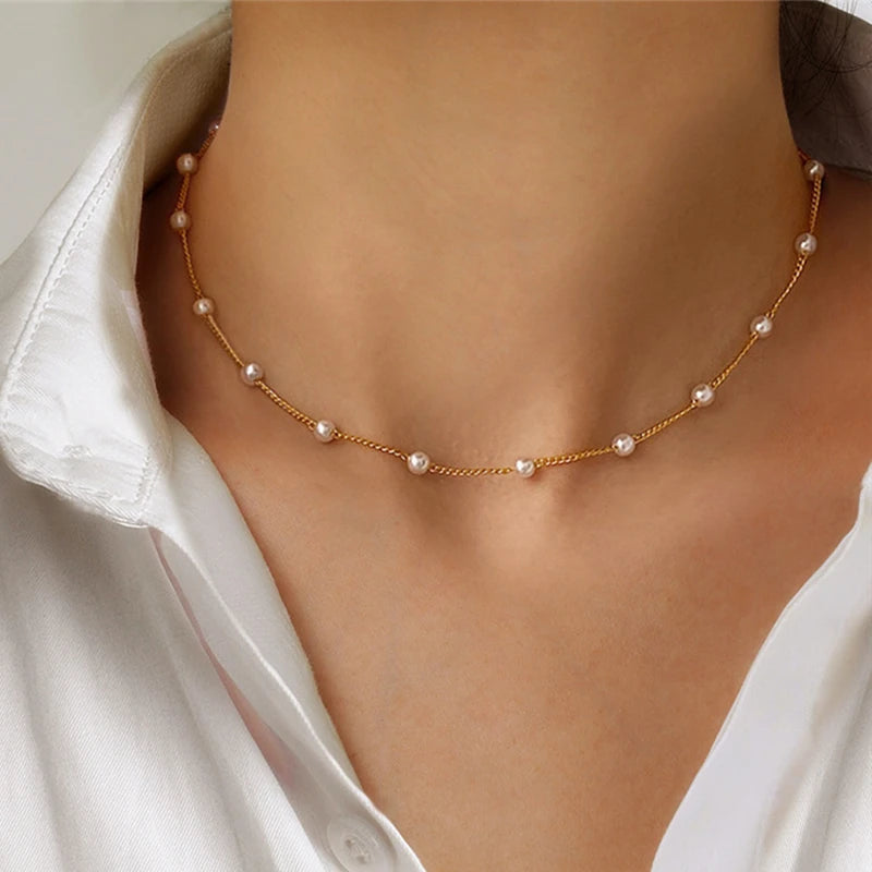 Handmade 18K Gold Plated Stainless Steel Necklace With Round Pearl Bead Chain Women's Wedding Jewelry Imitation Faux Space Out