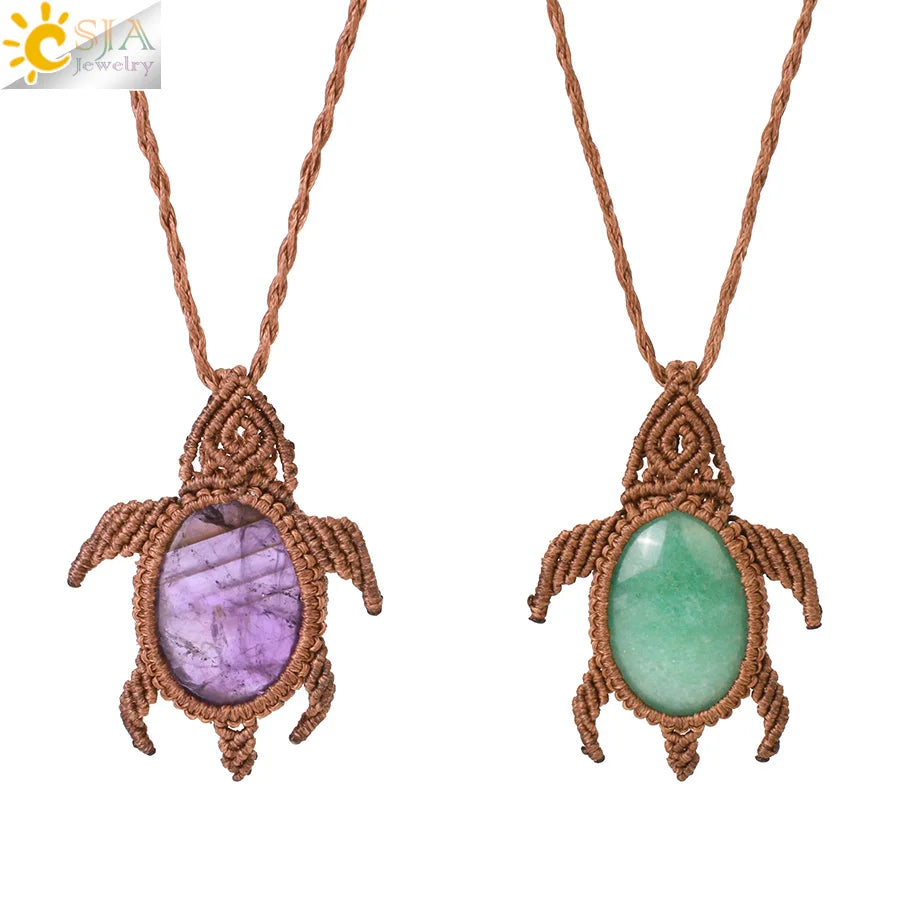 CSJA Handmade Braided Cute Animal Tortoise Turtle Natural Stone Necklace Fashion Jewelry for Women H108
