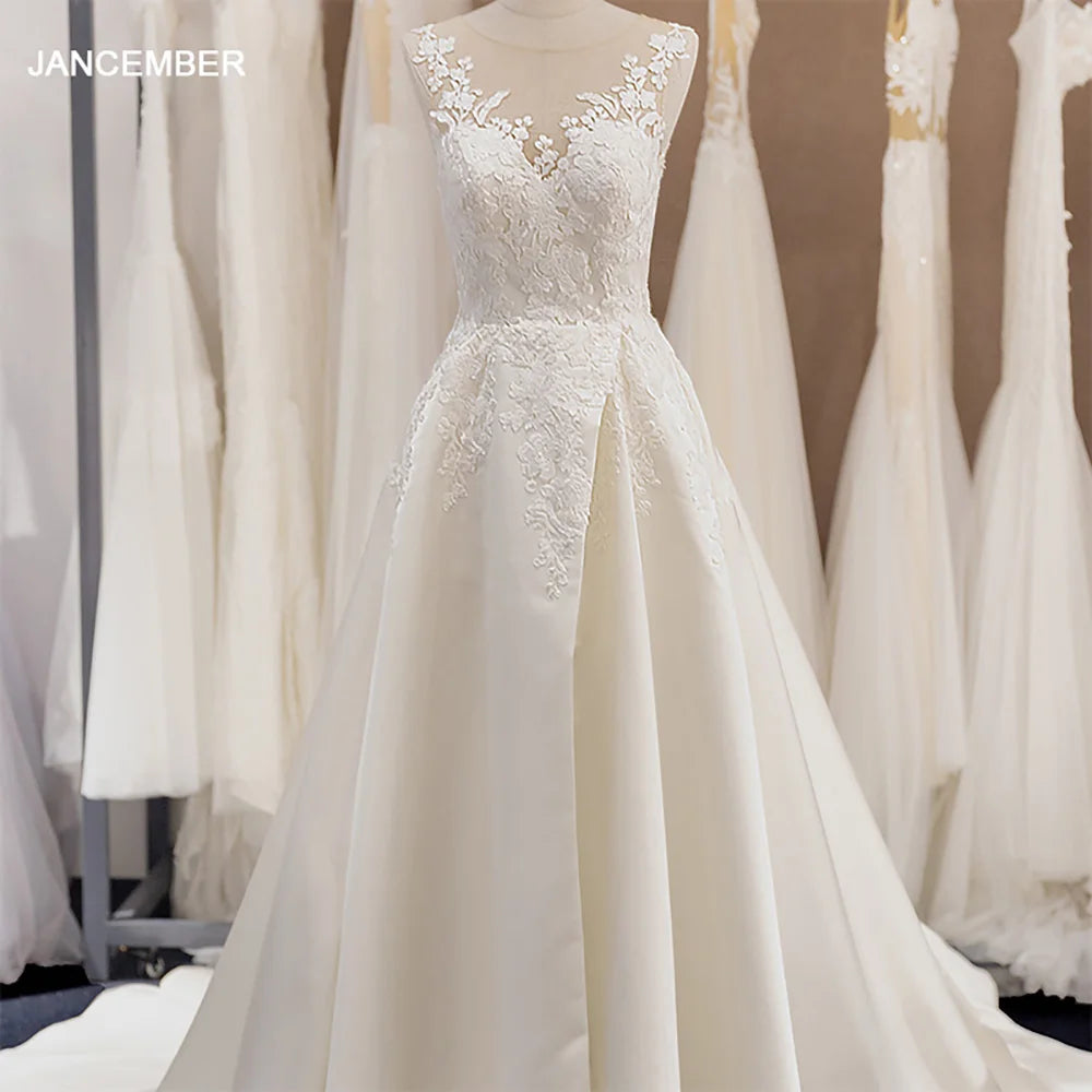 Elegant Wedding Dress Sleeveless Lace Appliques Illusion Floor Length Bridal Ball Gown Lssg004