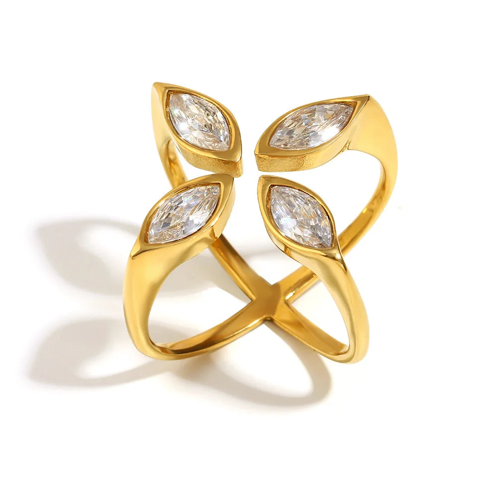 18K Gold Plated Vintage Style Horse Eye Zircon Cross Exaggerated Fashion Jewelry Opening Rings for Wedding Stainless Steel