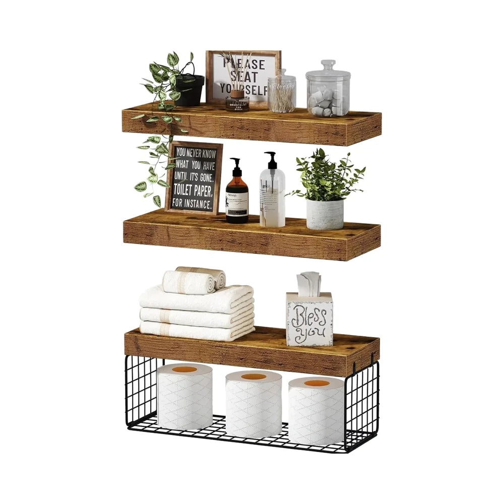 16-Inch Set 3 Rustic Brown Floating Bathroom Shelves Toilet Paper Storage Decor Wall Mounted Shelves