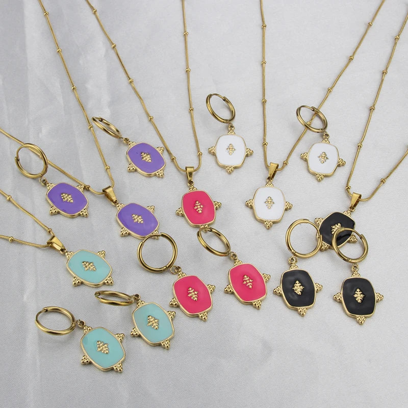 Fashion New in Custom Candy Color Stainless Steel Jewelry Set 18k Gold Plated Waterproof Pendant Necklace Earrings for Women