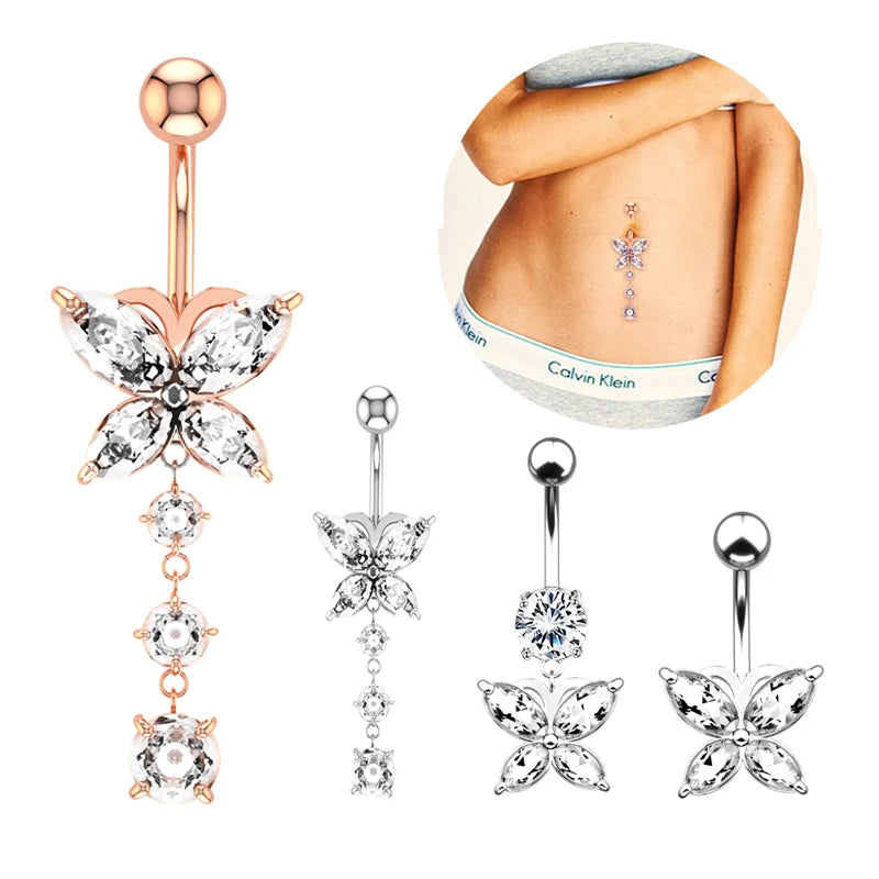 Wholesale Stainless Steel Body Jewelry Butterfly Three Small Zircons Navel Ring for Women Belly Button Piercing 10mm for Gift