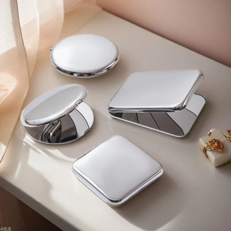 Private Logo Stainless Steel Magnetic Opening Pocket Portable Cosmetic Square Round Shape Folding Double-Sided Makeup Mirror