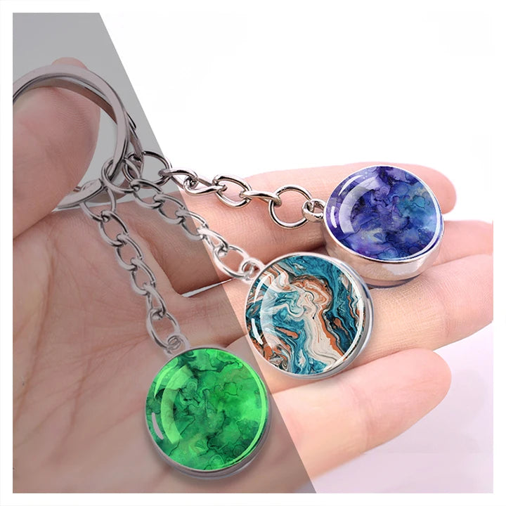 Colorful Stone Patterns Keychain Luminous Gemstone Pendant Glass Crystal Ball Jewelry Metal Key Chains