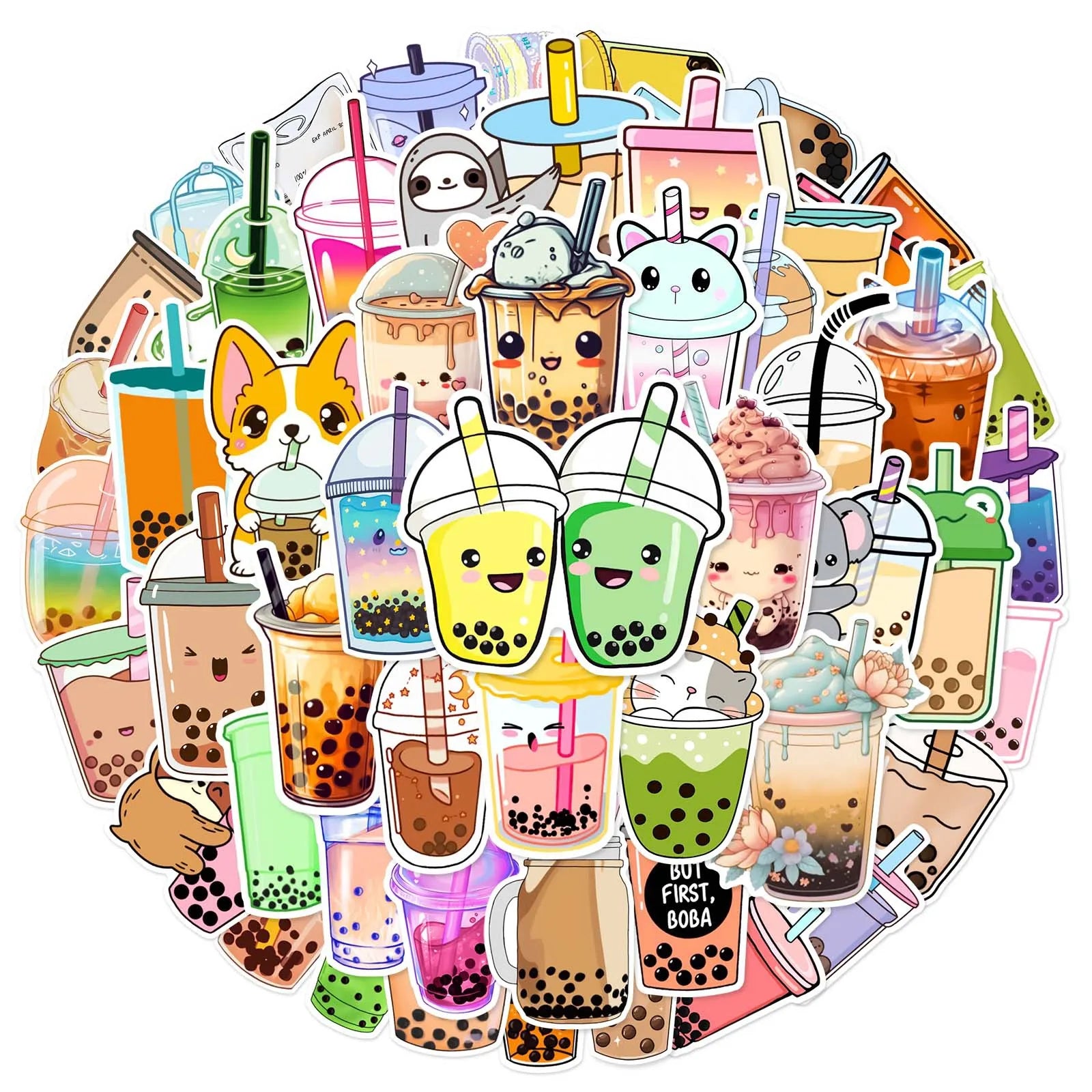 Newly 50PCS Cartoon Bubble Tea Drink Decals Pearl Milk Cute Boba Tea Sticker