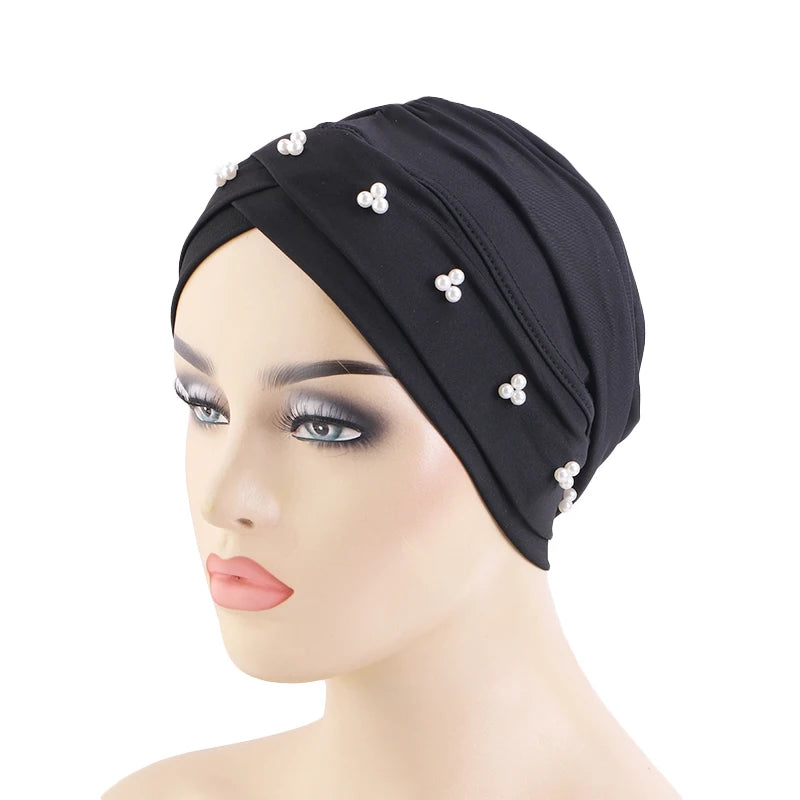 Wholesale Spandex Turban Beaded Accessories Muslim Polyester Twist Muslim Hijab With Pearls for Women