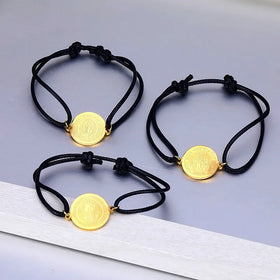 Catholic San Benito Jewelry DIY Handmade Rope Adjustable Bangle Religious PVD Gold Stainless Steel Christian Charm Bracelet